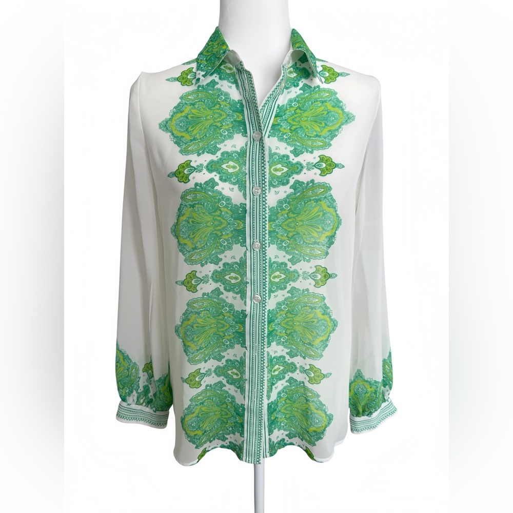 INC White Green Floral Scarf Print Blouse Women’s 4 Semi Sheer Button
